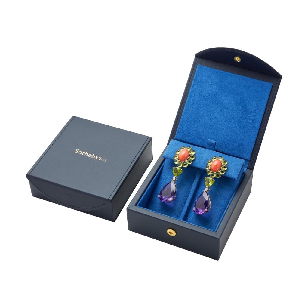 Gold, Amethyst, Peridot, Coral and Diamond Drop Earclips