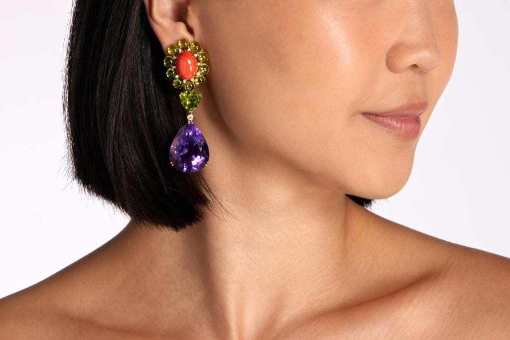 Gold, Amethyst, Peridot, Coral and Diamond Drop Earclips