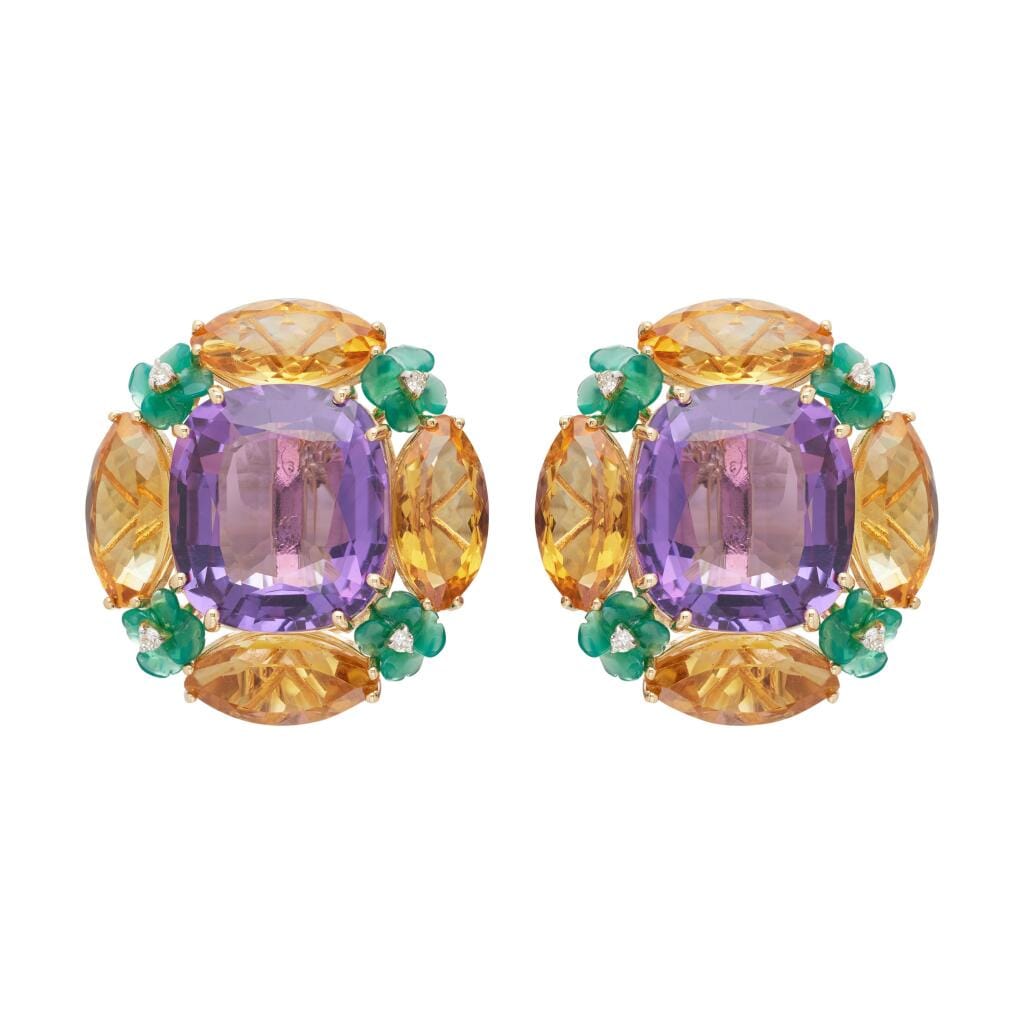 Gold, Amethyst, Citrine, Green Chalcedony and Diamond Earclips