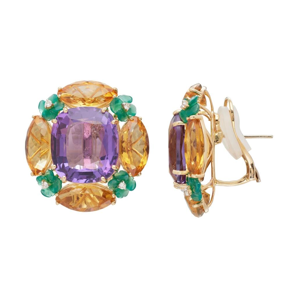 Gold, Amethyst, Citrine, Green Chalcedony and Diamond Earclips