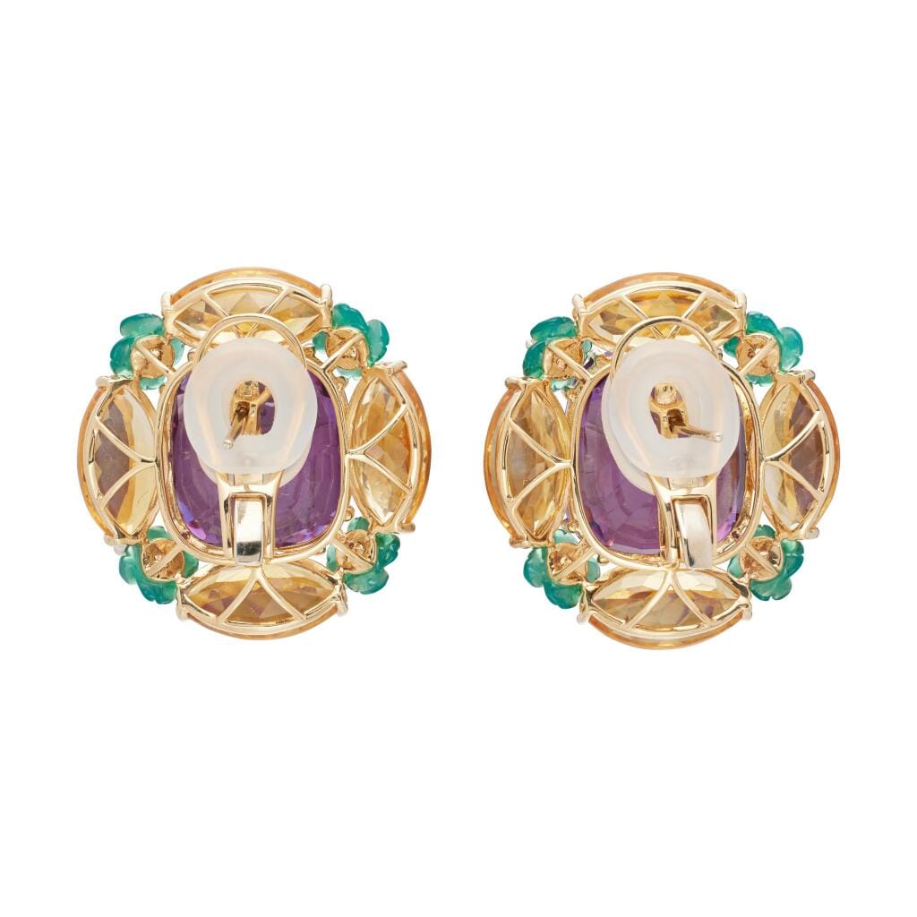 Gold, Amethyst, Citrine, Green Chalcedony and Diamond Earclips