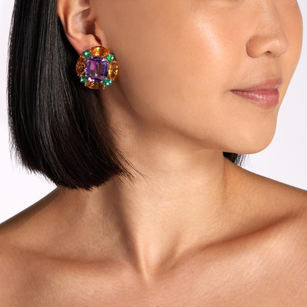 Gold, Amethyst, Citrine, Green Chalcedony and Diamond Earclips