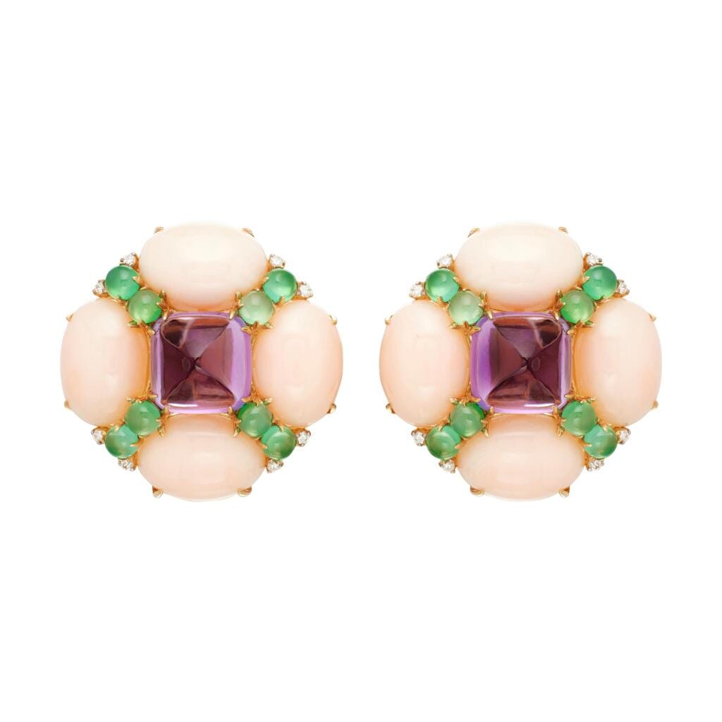 Gold, Amethyst, Chrysoprase, Coral and Diamond Earclips