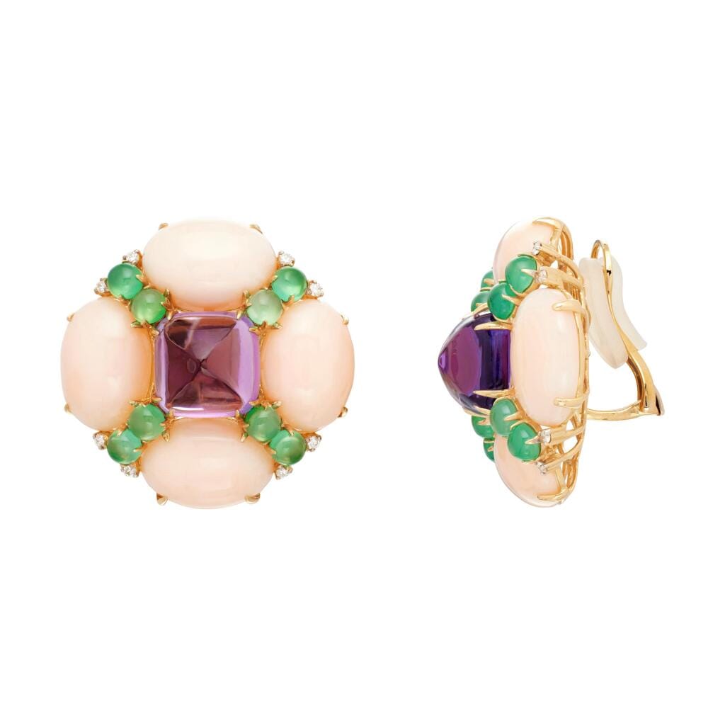 Gold, Amethyst, Chrysoprase, Coral and Diamond Earclips