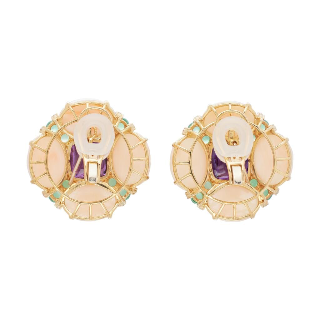Gold, Amethyst, Chrysoprase, Coral and Diamond Earclips