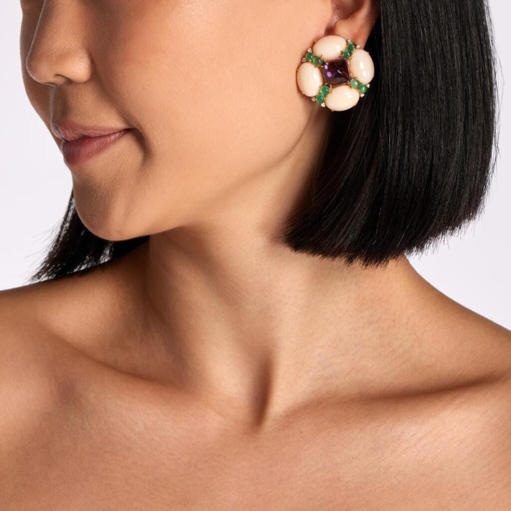 Gold, Amethyst, Chrysoprase, Coral and Diamond Earclips