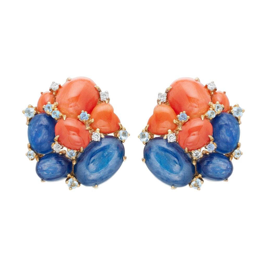 Gold, Kyanite, Coral, Topaz and Diamond Earclips