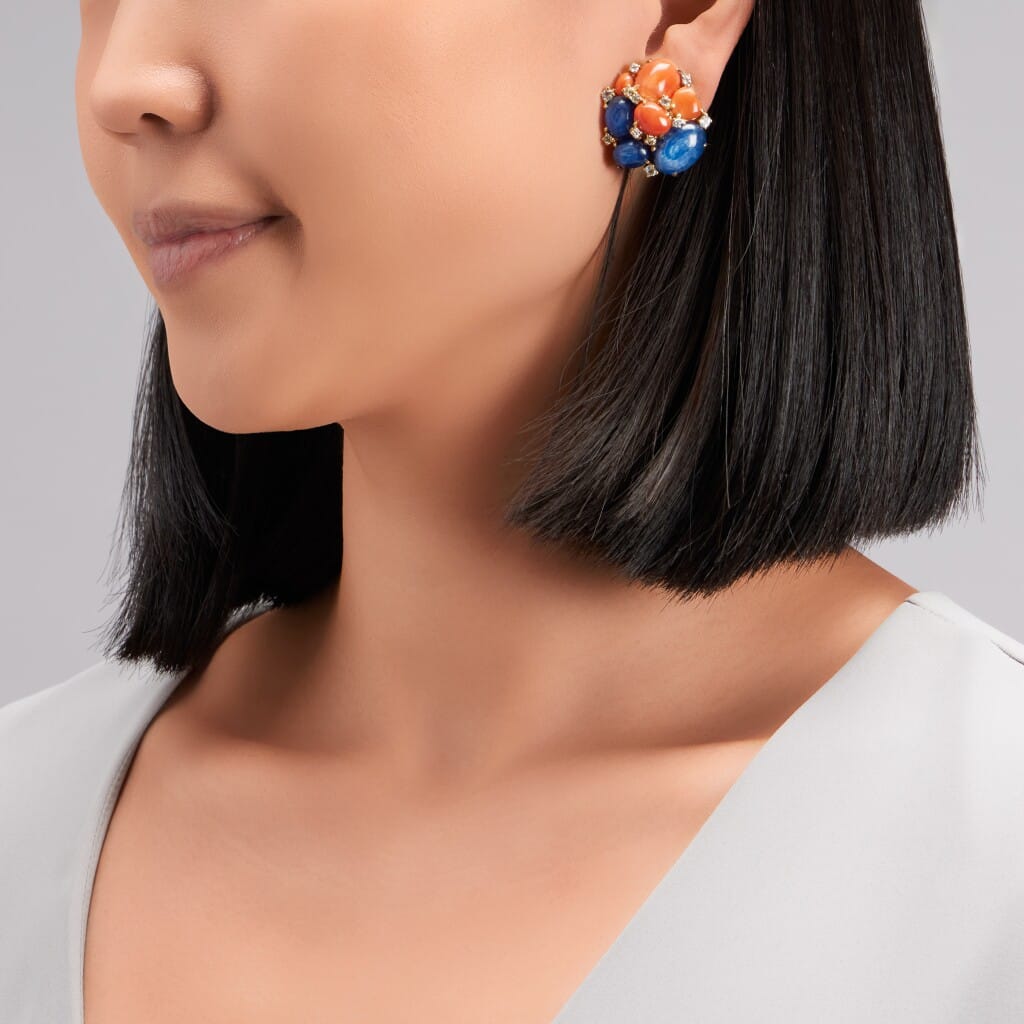 Gold, Kyanite, Coral, Topaz and Diamond Earclips
