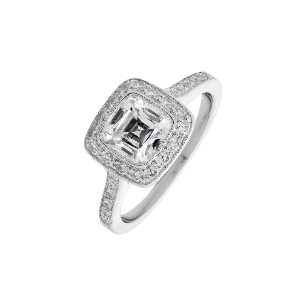 Platinum, 1.01ct Cushion Cut Diamond and Diamond Engagement Ring