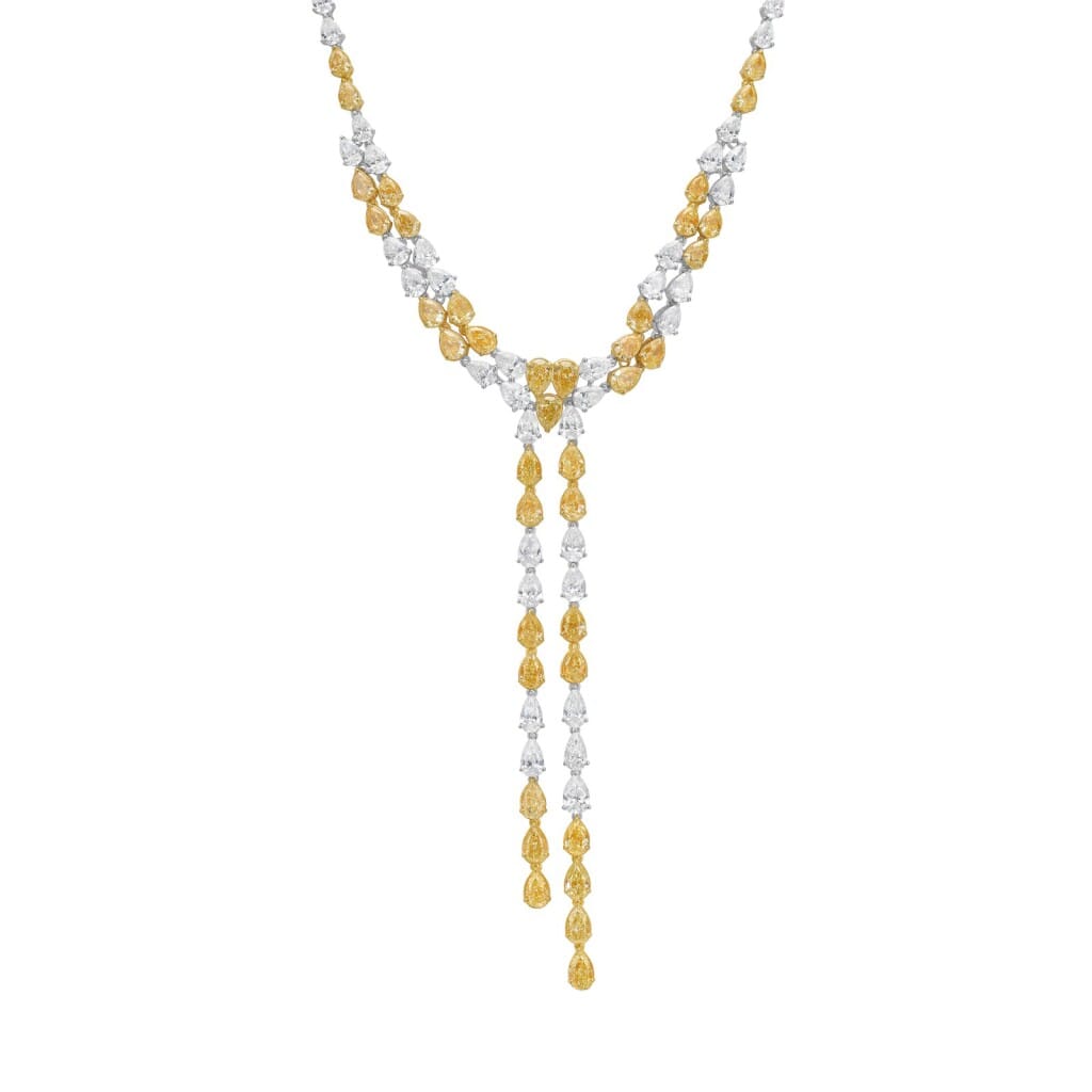 White Gold, Gold, Yellow Diamond and Diamond Lariat Necklace