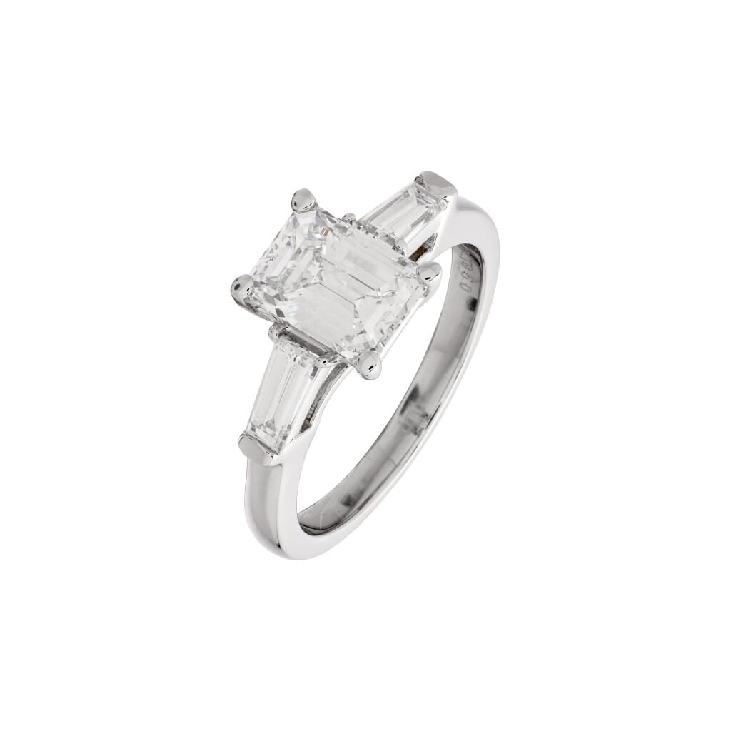 Platinum, 1.50ct Emerald Cut Diamond and Diamond Engagement Ring