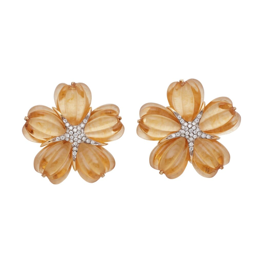 Gold, Citrine and Diamond Floral Earclips
