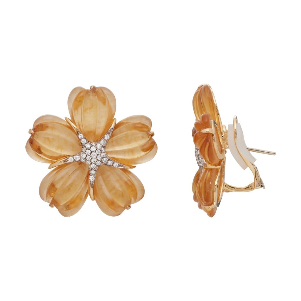 Gold, Citrine and Diamond Floral Earclips