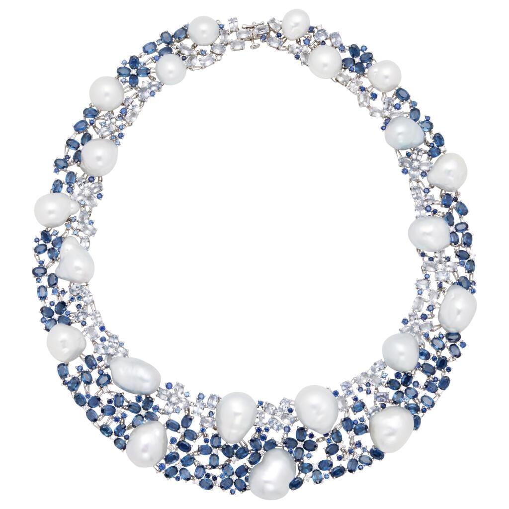 White Gold, Cultured Pearl, Sapphire and Diamond Collar Necklace