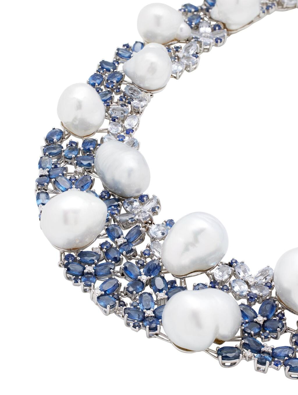 White Gold, Cultured Pearl, Sapphire and Diamond Collar Necklace