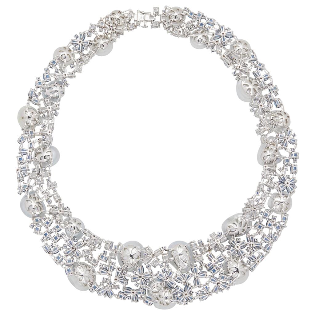 White Gold, Cultured Pearl, Sapphire and Diamond Collar Necklace
