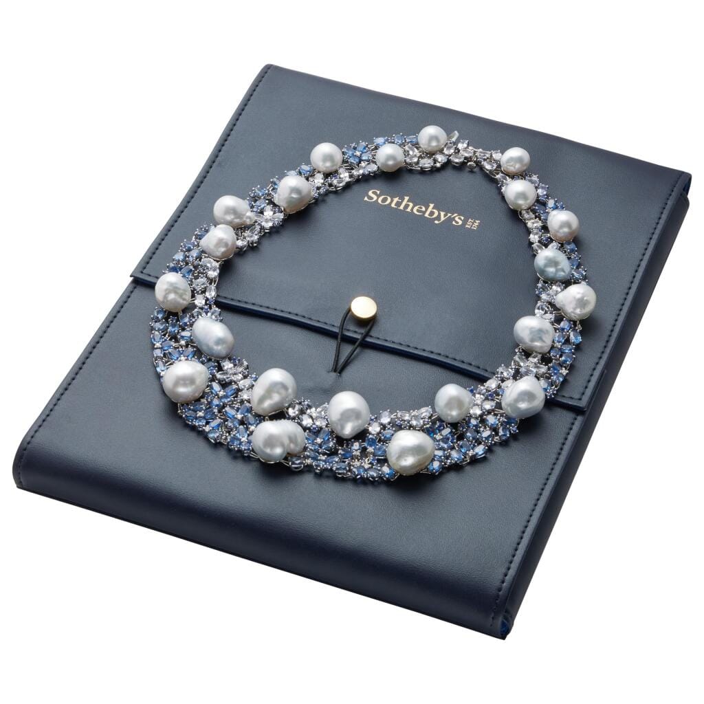 White Gold, Cultured Pearl, Sapphire and Diamond Collar Necklace