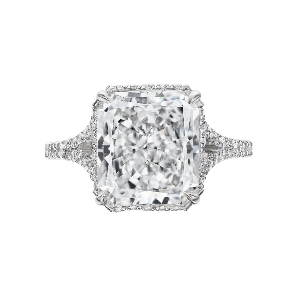 Platinum, 4.76ct Radiant Cut Diamond and Diamond Engagement Ring