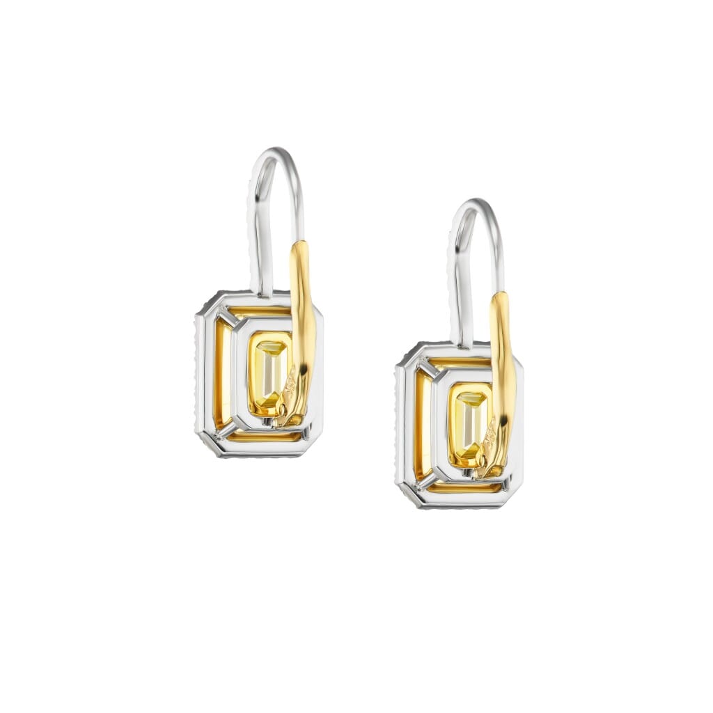 Platinum, Gold, 6.05ctw Emerald Cut Fancy Light Yellow and Diamond Earrings