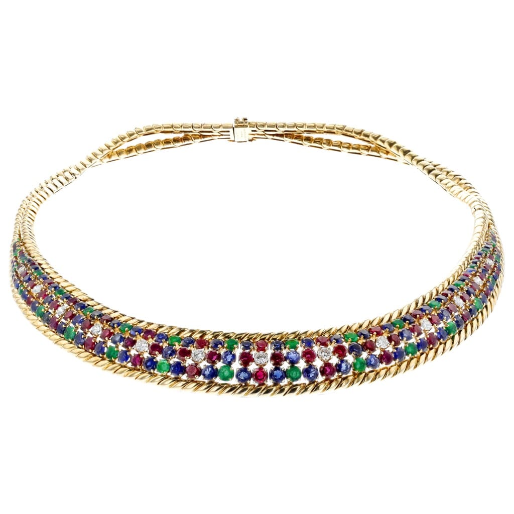 Vintage Gold, Ruby, Emerald, Sapphire and Diamond Necklace