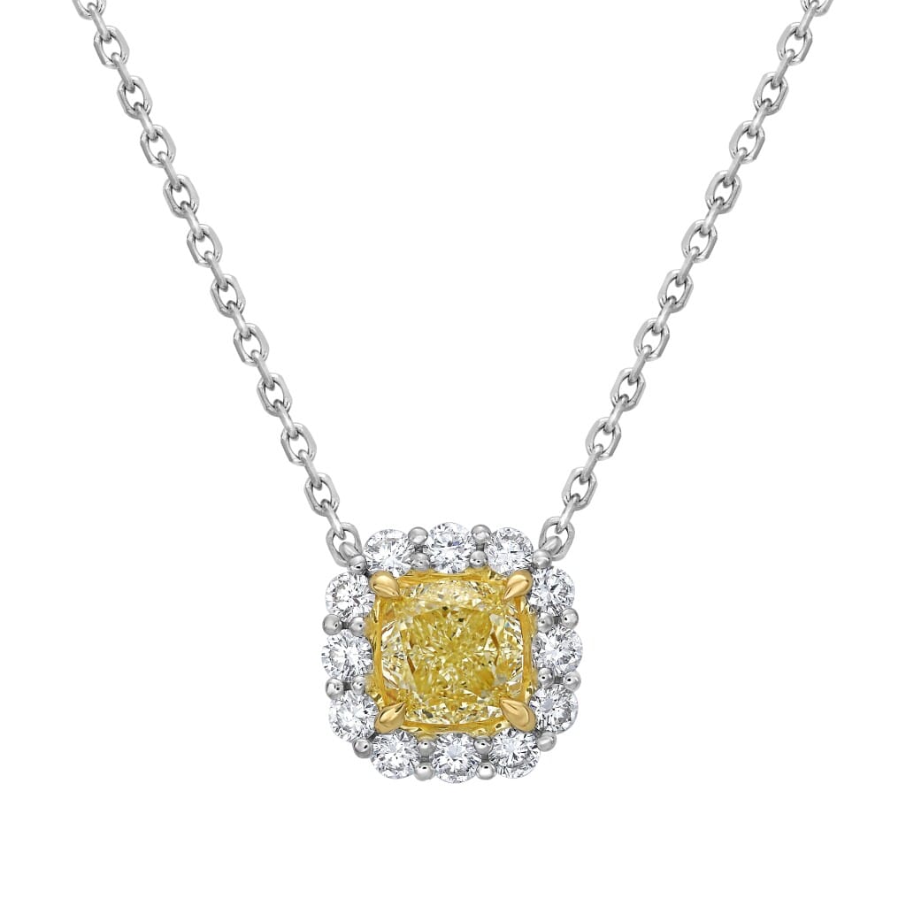 White Gold, Gold, 1.22ct Cushion Cut Fancy Light Yellow Diamond and Diamond Pendant Necklace