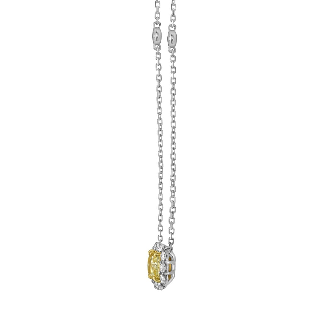 White Gold, Gold, 1.22ct Cushion Cut Fancy Light Yellow Diamond and Diamond Pendant Necklace