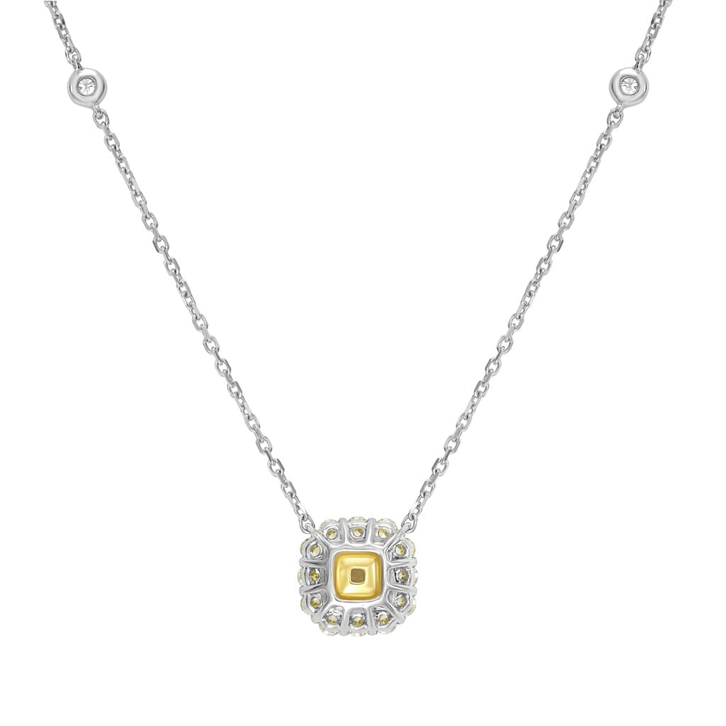 White Gold, Gold, 1.22ct Cushion Cut Fancy Light Yellow Diamond and Diamond Pendant Necklace