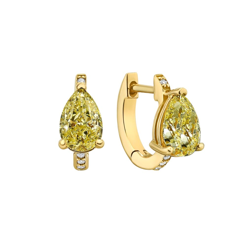 Gold, 1.25ctw Pear Shape Yellow Diamond and Diamond Huggie Earrings