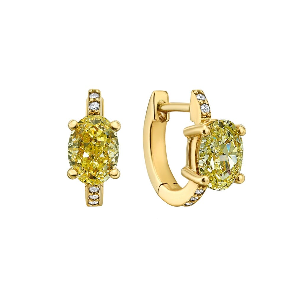 Gold, 1.25ctw Oval Cut Yellow Diamond and Diamond Huggie Earrings