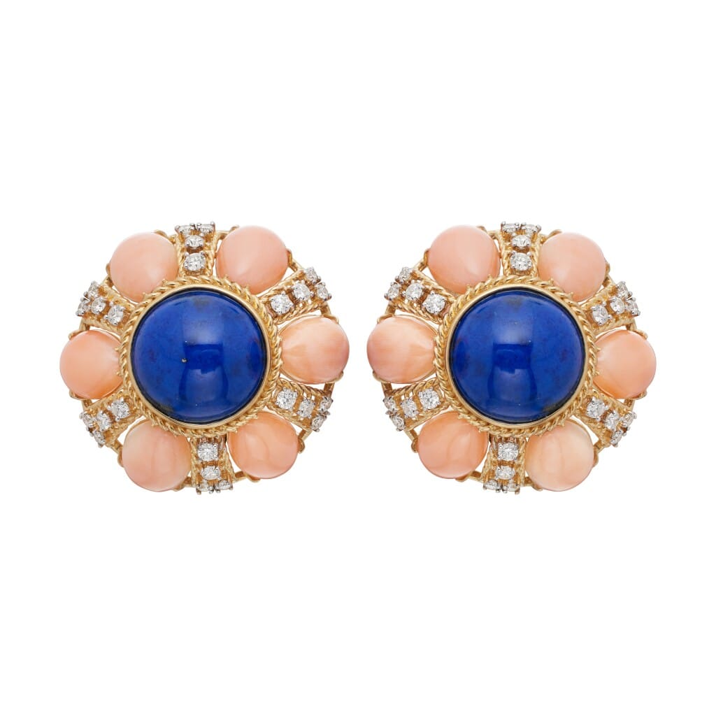 Gold, Coral, Lapis Lazuli and Diamond Earclips