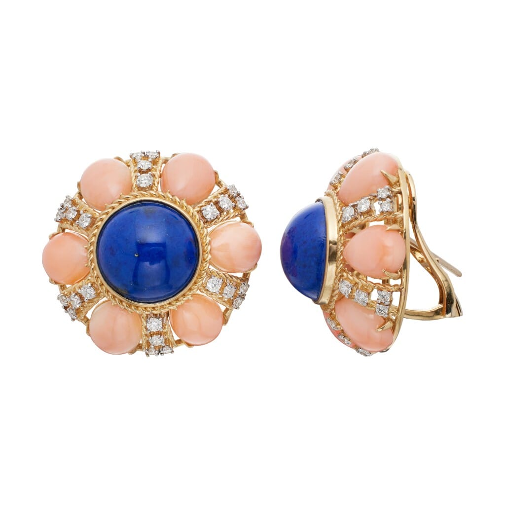 Gold, Coral, Lapis Lazuli and Diamond Earclips