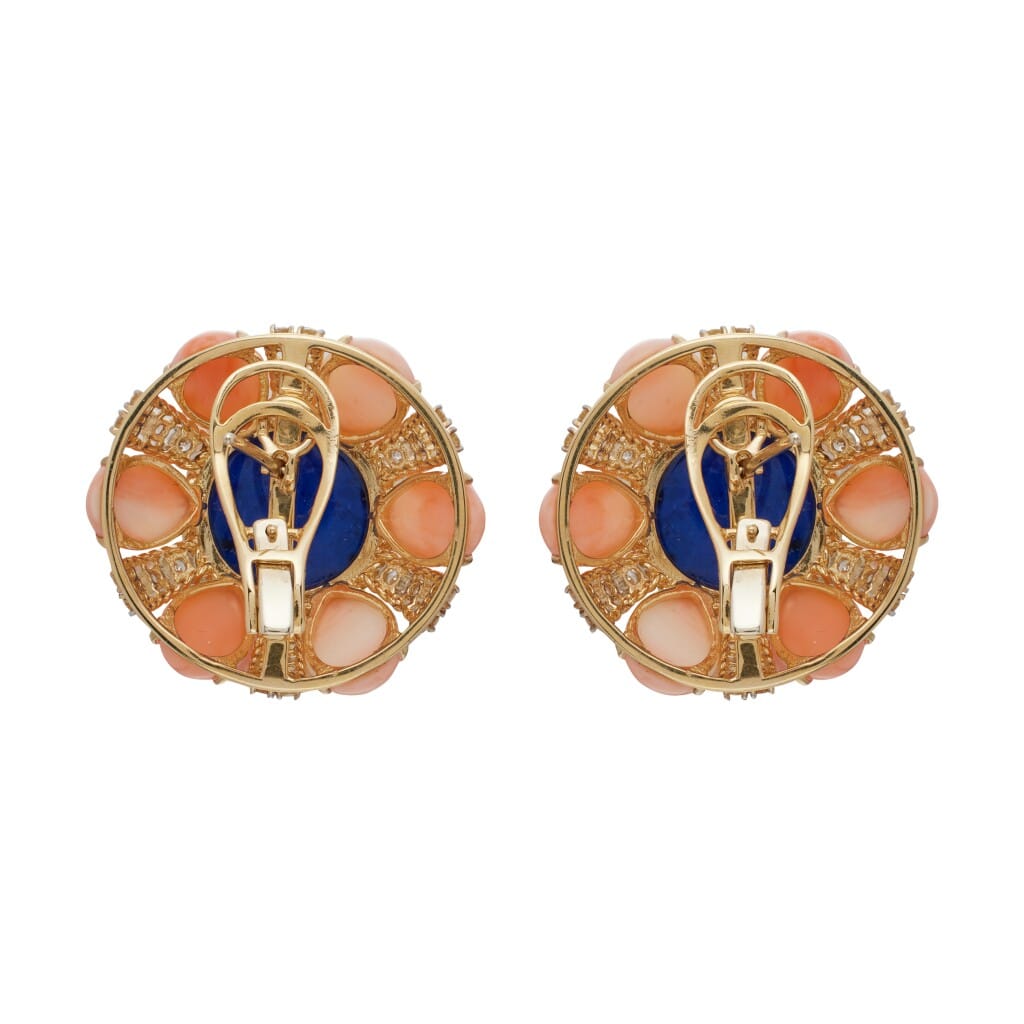 Gold, Coral, Lapis Lazuli and Diamond Earclips