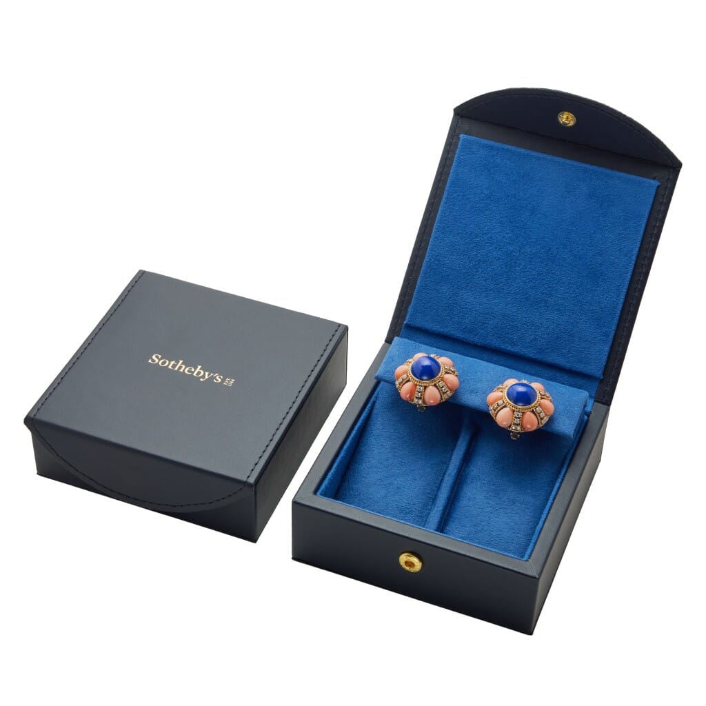 Gold, Coral, Lapis Lazuli and Diamond Earclips