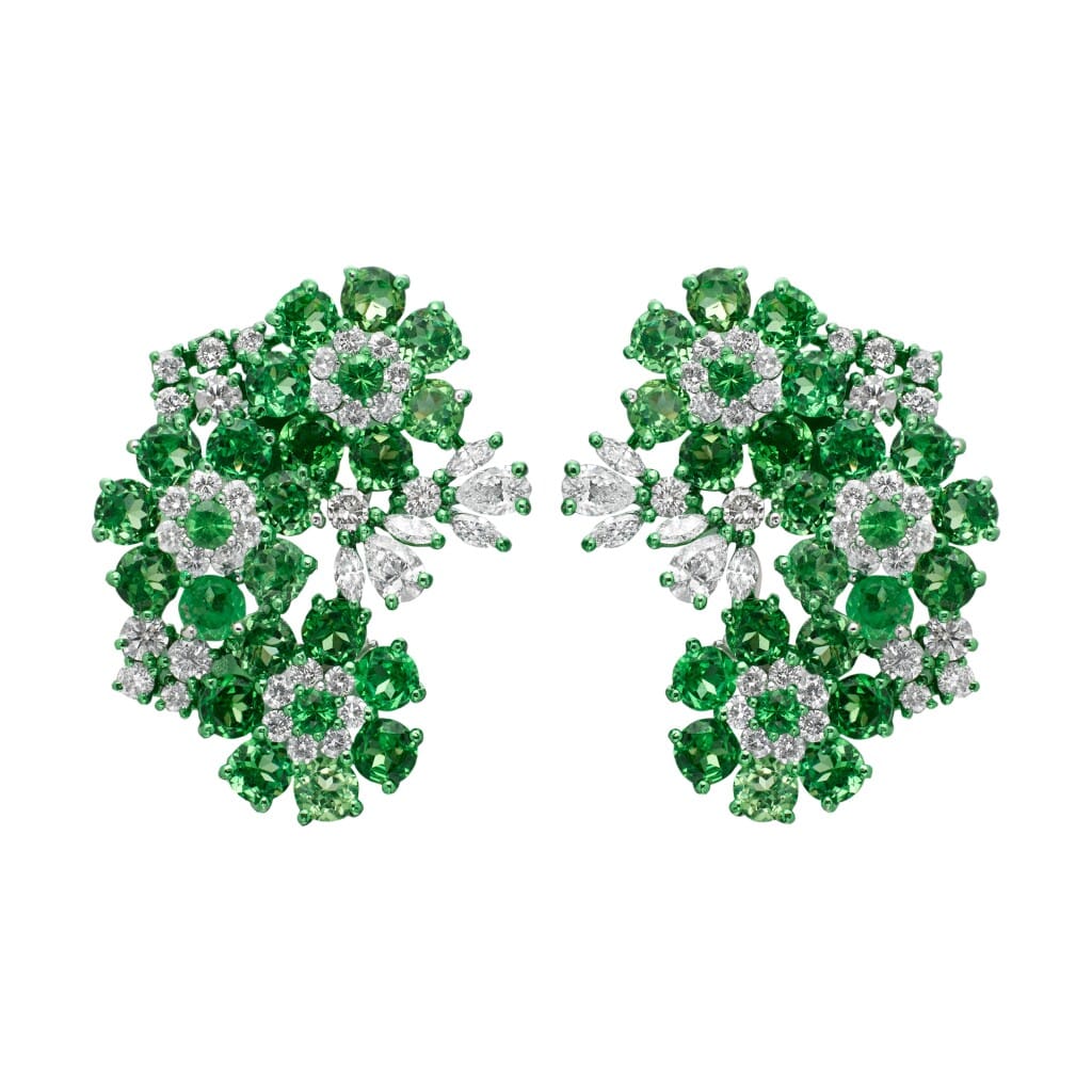 White Gold, Grossular Garnet and Diamond Floral Earclips
