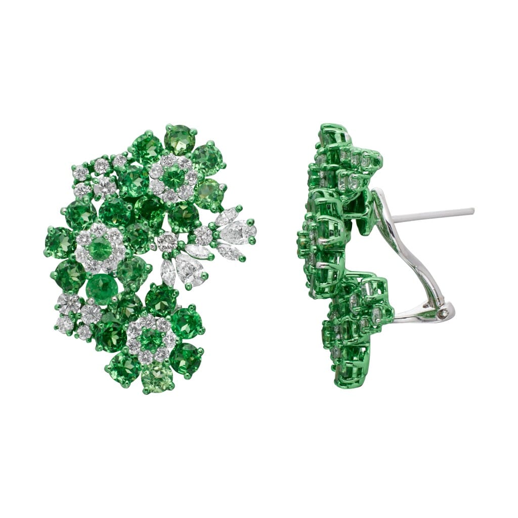 White Gold, Grossular Garnet and Diamond Floral Earclips
