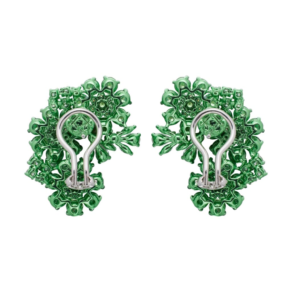 White Gold, Grossular Garnet and Diamond Floral Earclips