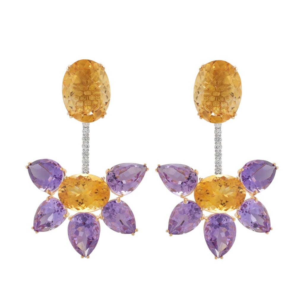 Gold, Amethyst, Citrine and Diamond Drop Earclips