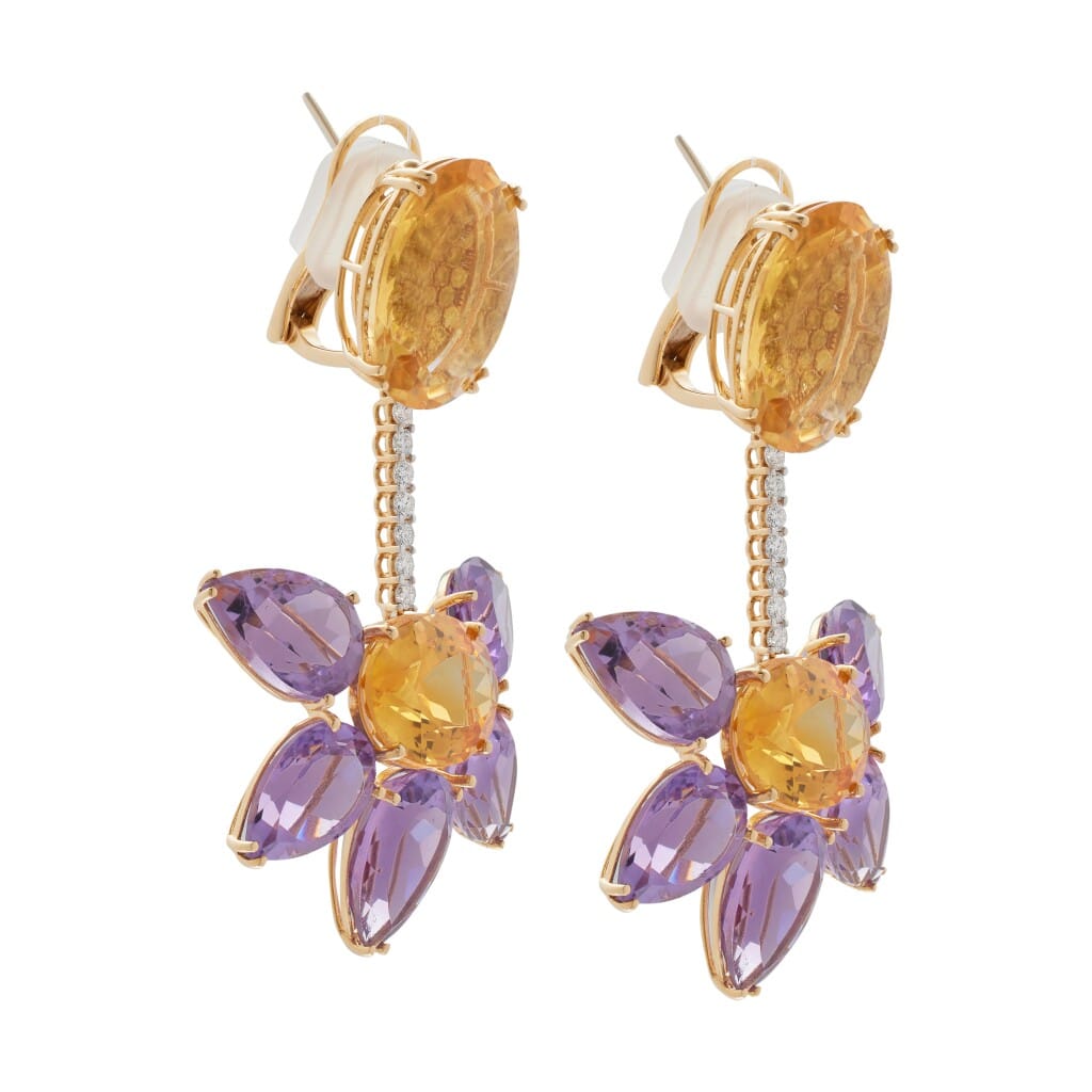 Gold, Amethyst, Citrine and Diamond Drop Earclips
