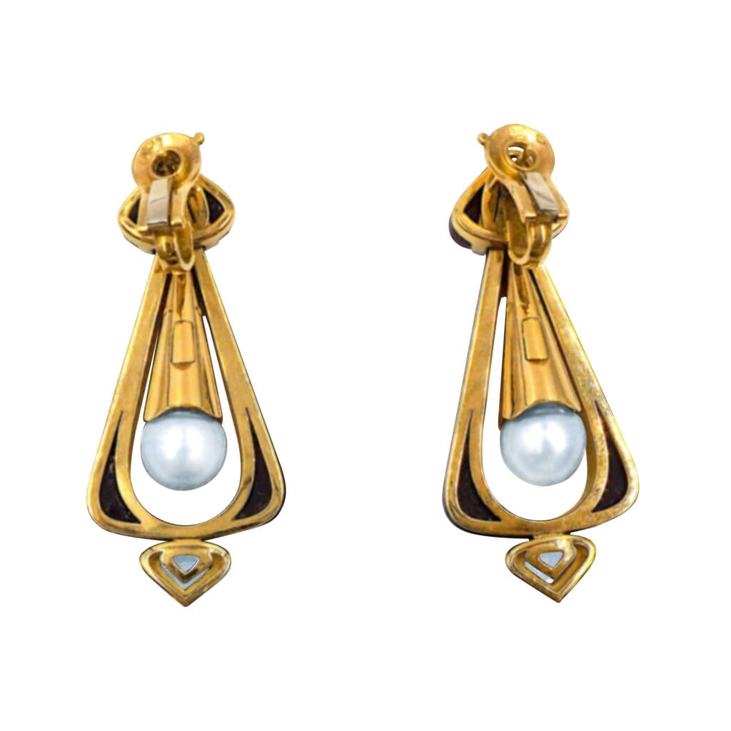 Gold, Cultured Pearl, Mother of Pearl and Onyx Drop Earclips