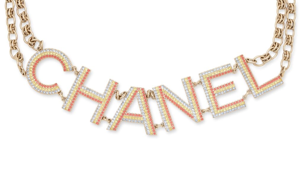 Rainbow Pavé Crystal and Gold Strass Logo Chain Necklace, 2023