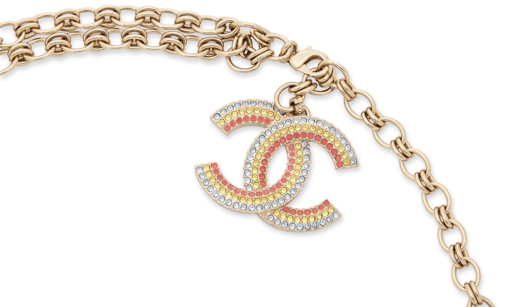 Rainbow Pavé Crystal and Gold Strass Logo Chain Necklace, 2023