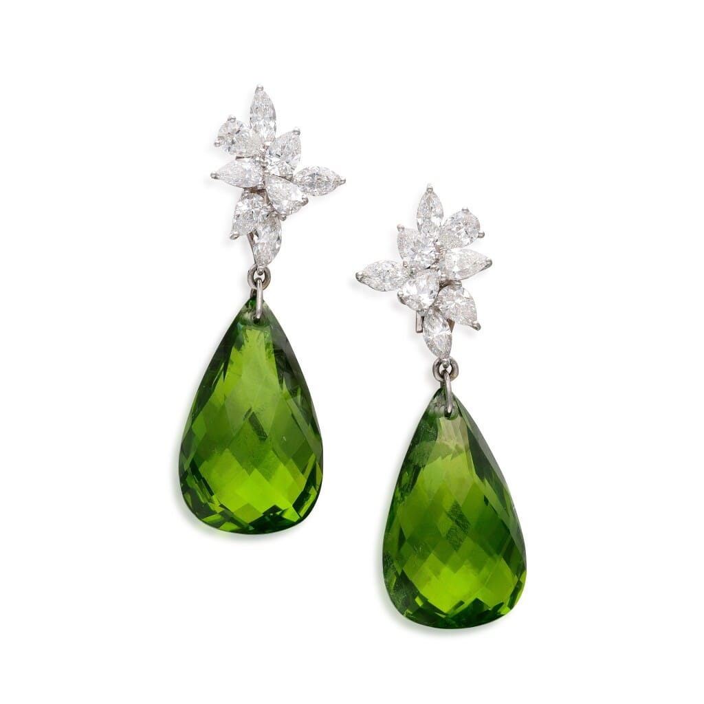 White Gold, Peridot and Diamond Drop Earrings
