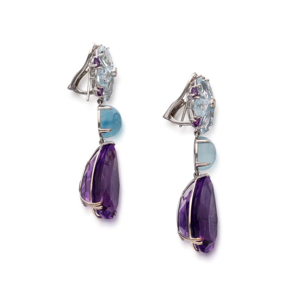 White Gold, Aquamarine, Amethyst and Diamond Earclips