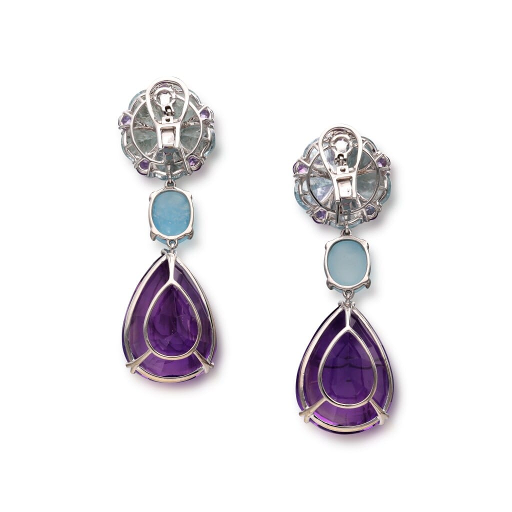 White Gold, Aquamarine, Amethyst and Diamond Earclips