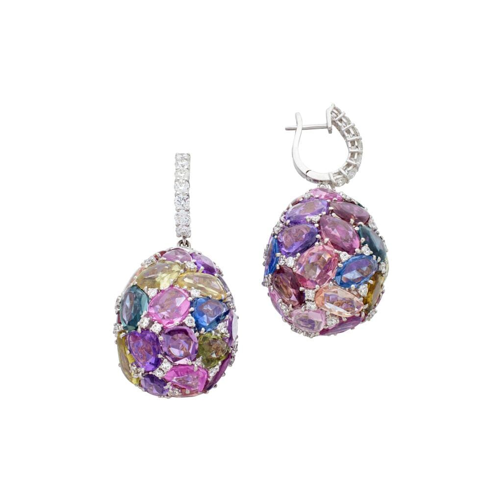 White Gold, Multicolor Sapphire and Diamond Drop Earrings