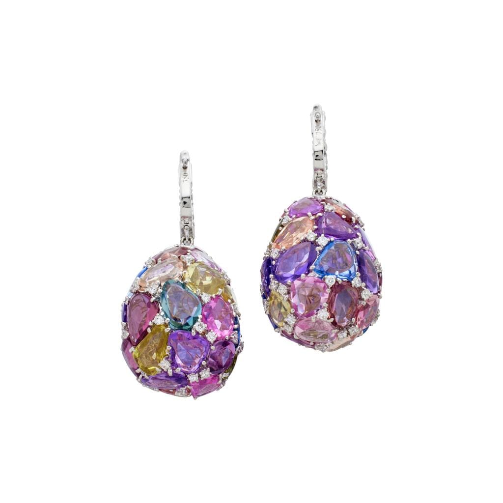 White Gold, Multicolor Sapphire and Diamond Drop Earrings