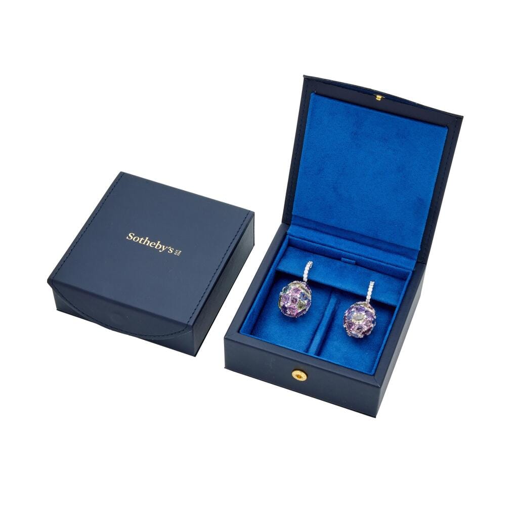 White Gold, Multicolor Sapphire and Diamond Drop Earrings