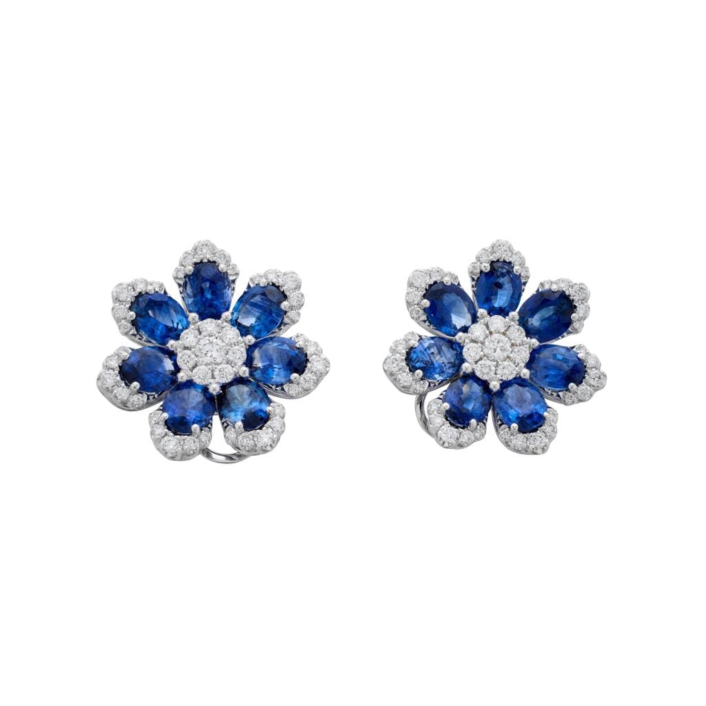 White Gold, Sapphire and Diamond Floral Earrings