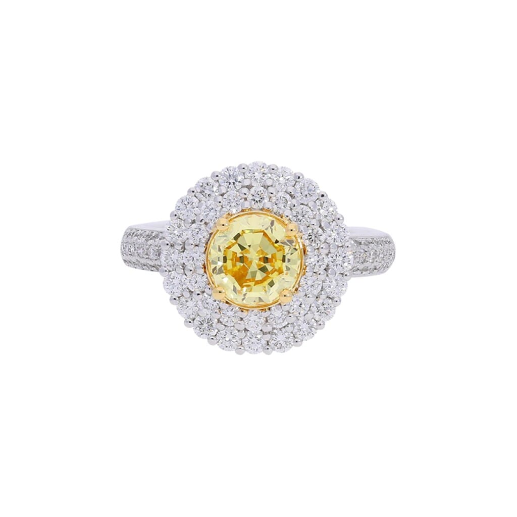 White Gold, Gold 1.65ct Round Brilliant Cut Fancy Intense Yellow Diamond and Diamond Ring