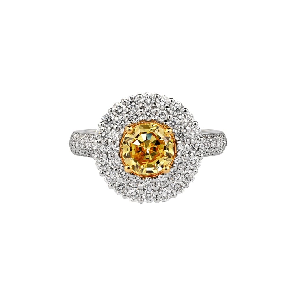 White Gold, Gold 1.65ct Round Brilliant Cut Fancy Intense Yellow Diamond and Diamond Ring